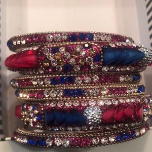Blue and pink rhinestone bangle set